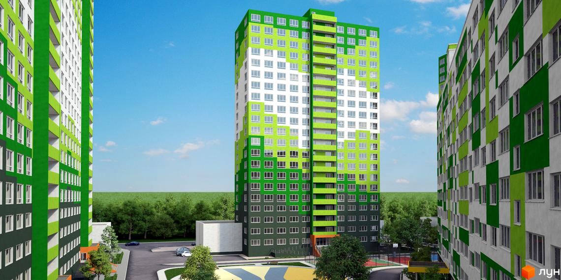 Житловий комплекс ЖМ Острови з яскравим фасадом, оточений зеленими насадженнями та прибудинковою територією.