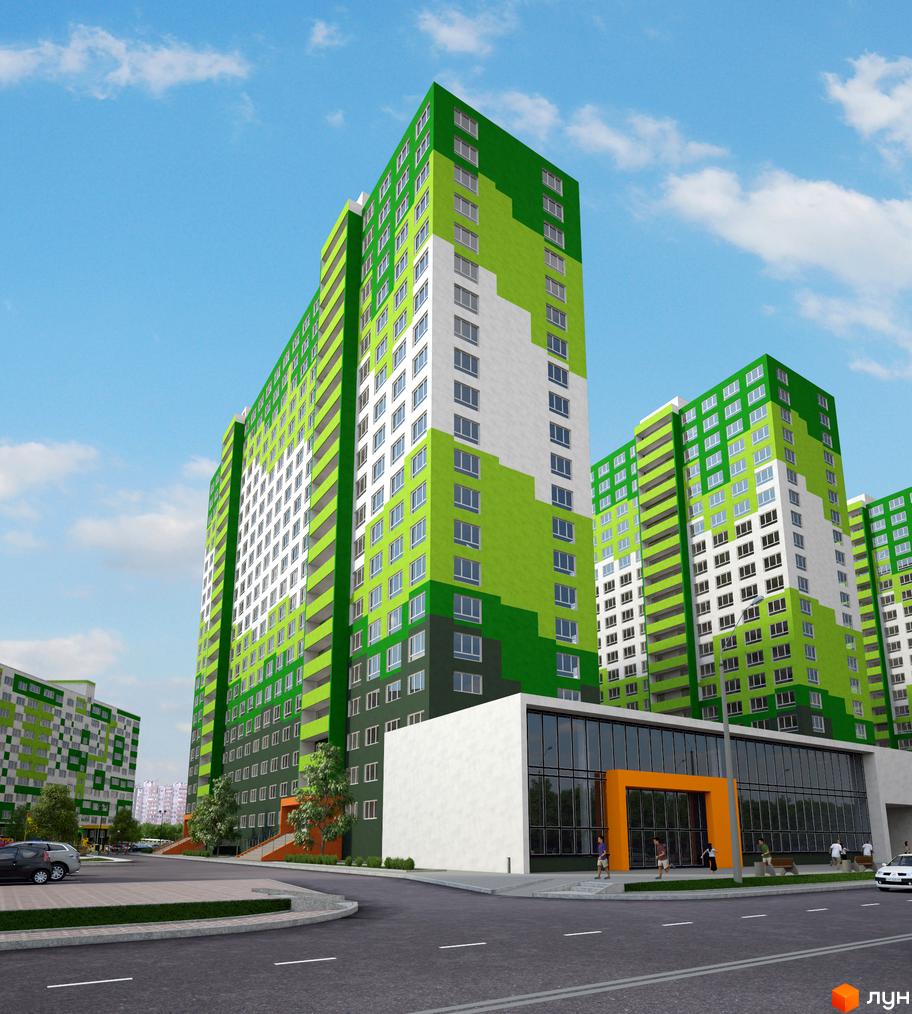 Житловий комплекс ЖМ Острови з яскравим фасадом, прибудинкова територія з паркувальними місцями та зеленими насадженнями.