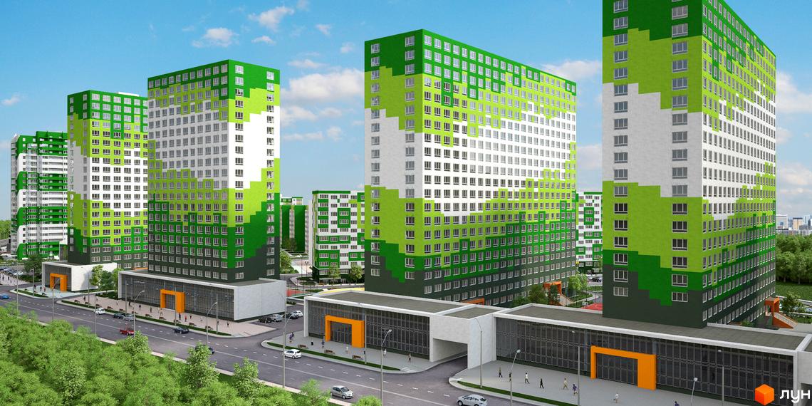 Житловий комплекс ЖМ Острови з яскравими фасадами. Прибудинкова територія з зеленими насадженнями та парковими зонами.