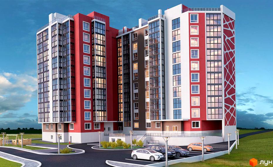 ЖК Khmelnytskyi Hall: багатоповерховий будинок з червоно-білим фасадом та візерунком. На території є парковка та дитячий майданчик.