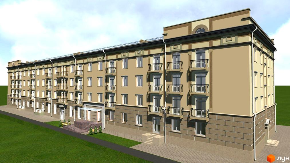 Зображення житлового комплексу Чорноморський: багатоквартирний будинок бежевого кольору з балконами, вимощеними доріжками та зеленими газонами.