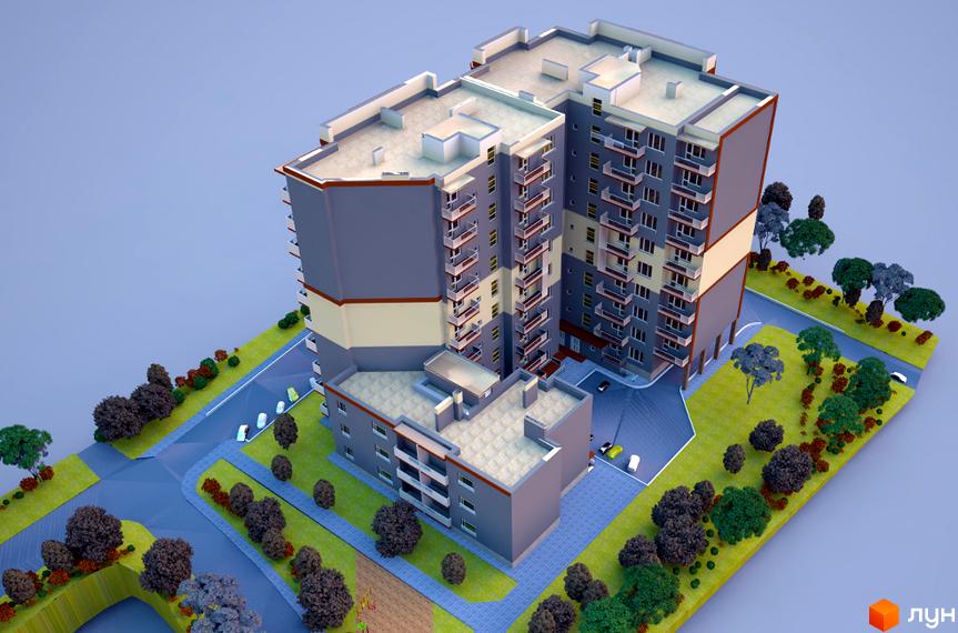 Візуалізація житлового комплексу на вул. Еммануїла Миська (Врубеля), 15. Багатоповерховий будинок сіро-бежевого кольору з балконами та прибудинковою територією з деревами та дорогою.