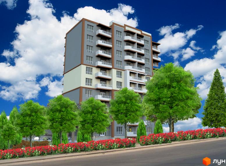 Сучасна новобудова на вулиці Еммануїла Миська (Врубеля), 15, з озелененою територією та квітучими кущами перед фасадом.