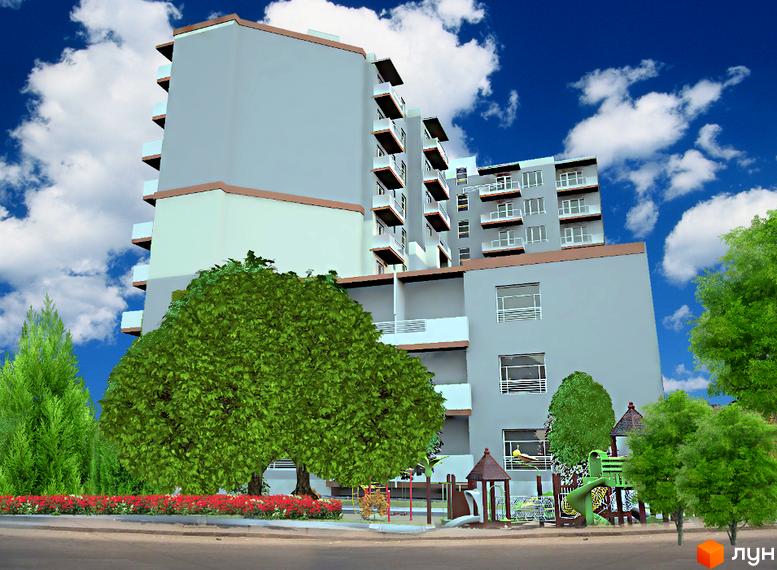 Житловий комплекс на вул. Еммануїла Миська (Врубеля), 15. Зовнішній вигляд новобудови з балконами та прибудинковою територією з дитячим майданчиком та деревами.