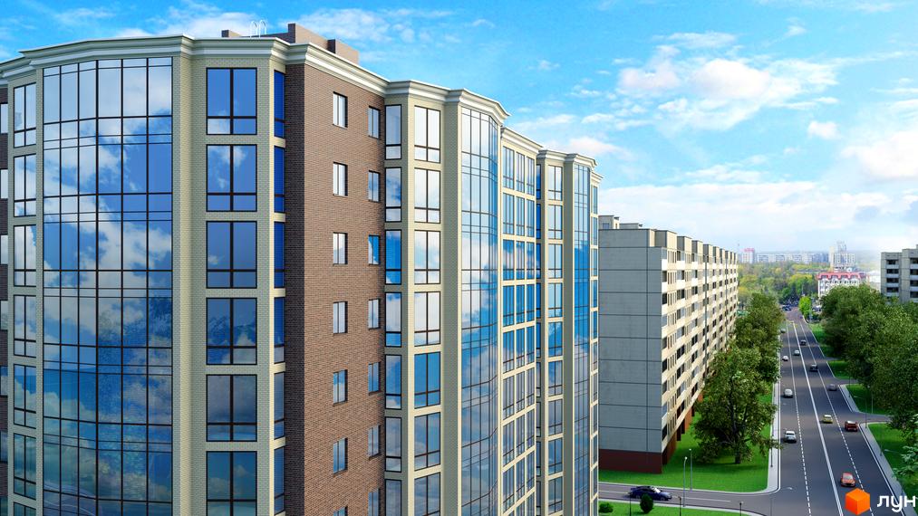 Житловий комплекс SokolovSky: фасади будівель з панорамними вікнами та цегляним оздобленням, зелена прибудинкова територія з дорогою та автомобілями.
