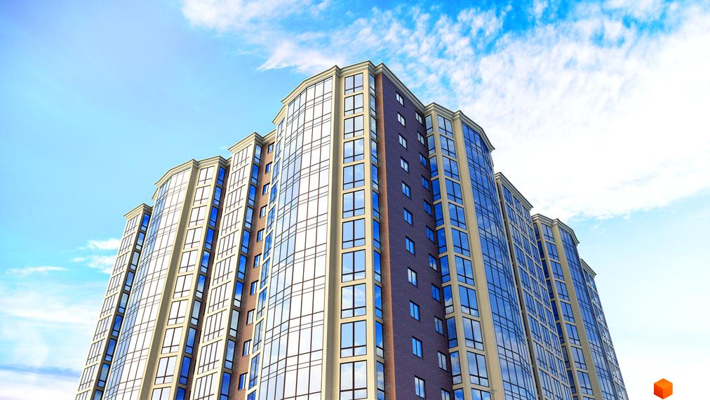 Житловий комплекс SokolovSky – це сучасна новобудова з панорамним склінням та цегляним фасадом на тлі блакитного неба з хмарами.