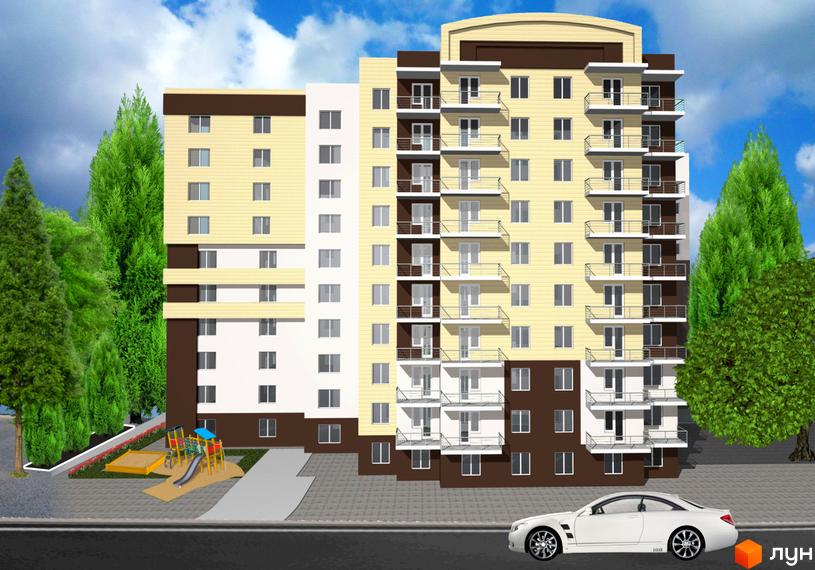 Зовнішній вигляд житлового комплексу на вул. Уляни Кравченко, 8. На території розташований дитячий майданчик та зелені насадження. Біля будинку припаркований білий автомобіль.