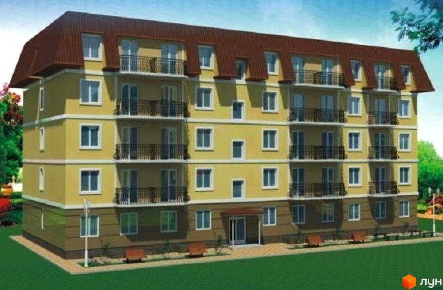 Житловий комплекс Дім на Ризовській – це п'ятиповерхова новобудова жовтого кольору з коричневим дахом та балконами. Навколо будинку зелена галявина з лавками та деревами.