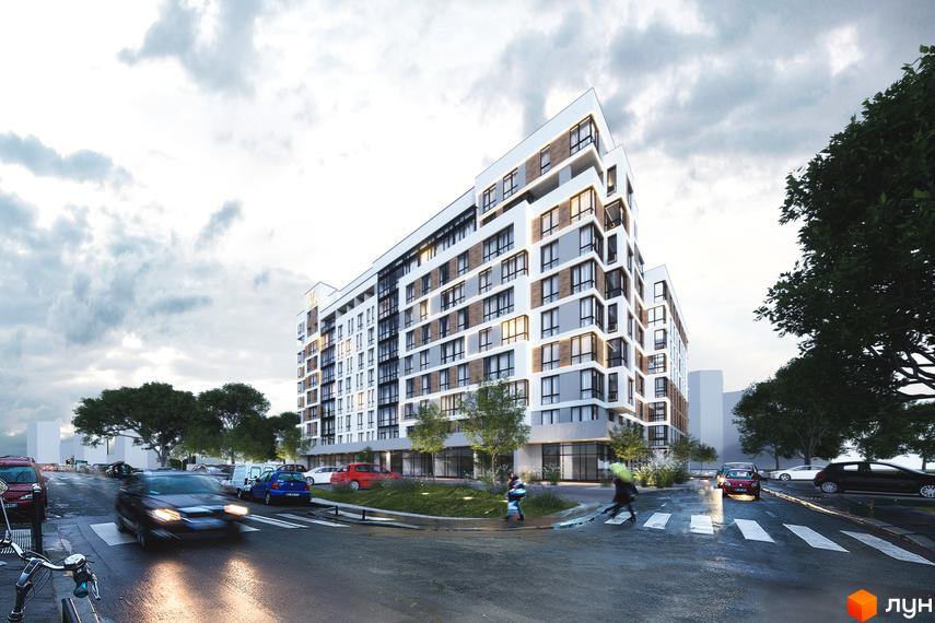 Житловий комплекс AUROOM CITY. Сучасна новобудова з панорамними вікнами та балконами, розташована біля дороги з автомобілями та пішохідним переходом.