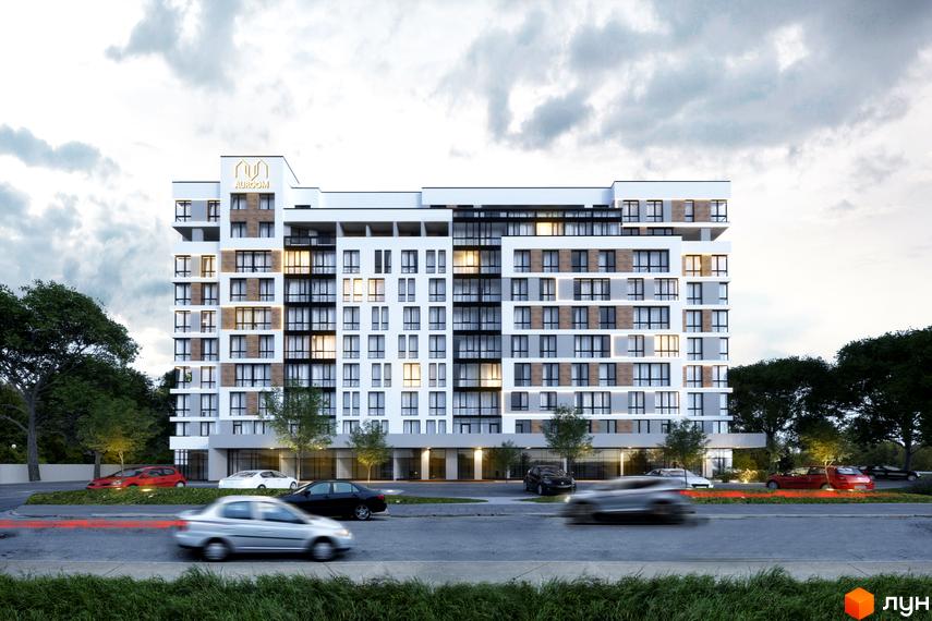 Зовнішній вигляд новобудови ЖК AUROOM CITY з багатьма вікнами та балконами. Перед будинком розташована дорога з автомобілями та зелені насадження.