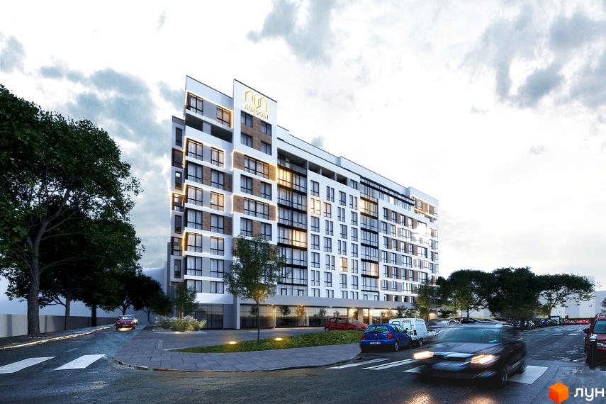 Житловий комплекс AUROOM CITY – це сучасна новобудова з великою кількістю вікон та балконів. Територія біля будинку облаштована зеленими насадженнями та місцями для паркування.