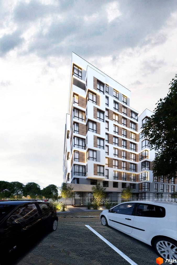 Житловий комплекс AUROOM CITY з унікальною архітектурою та сучасним фасадом. Навколо комплексу розташовані зелені насадження та паркувальні місця.