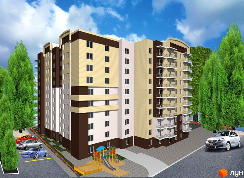 Зовнішній вигляд багатоповерхового будинку з балконами та вікнами, поруч дитячий майданчик та парковка з автомобілями. Адреса: вул. Уляни Кравченко, 8.