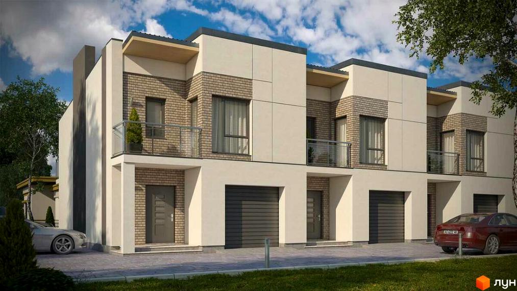 Ряд таунхаусів Amber з фасадами світлих відтінків, цегляними вставками та темними гаражними воротами. Перед будинками вимощена територія та зелений газон.