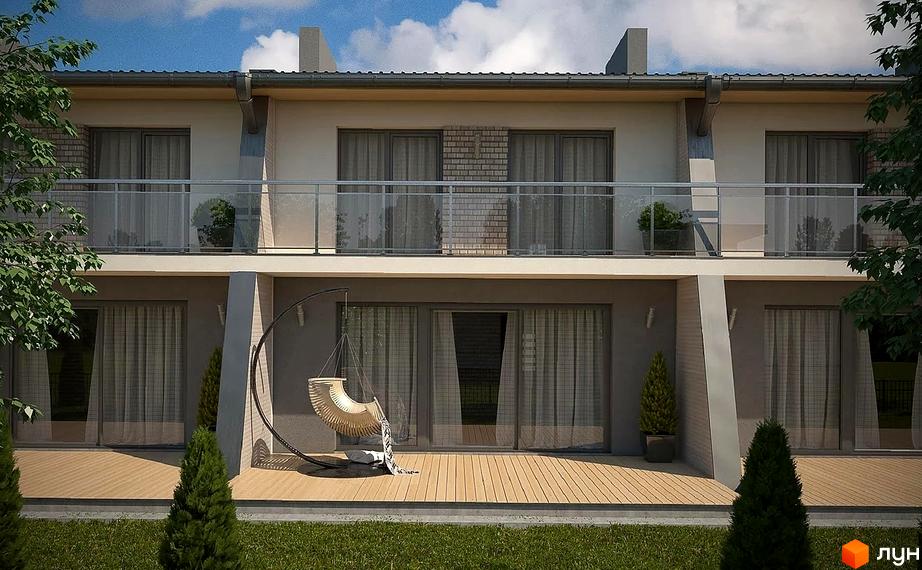 Фасад таунхаусів Amber з балконами та дерев'яною терасою. На прибудинковій території зелений газон та декоративні рослини.