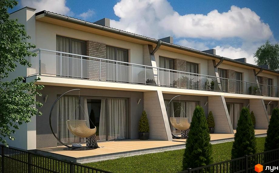 Таунхауси „Amber“: двоповерхові будинки зі світлими фасадами, цегляними елементами, скляними балконами та дерев'яними терасами.