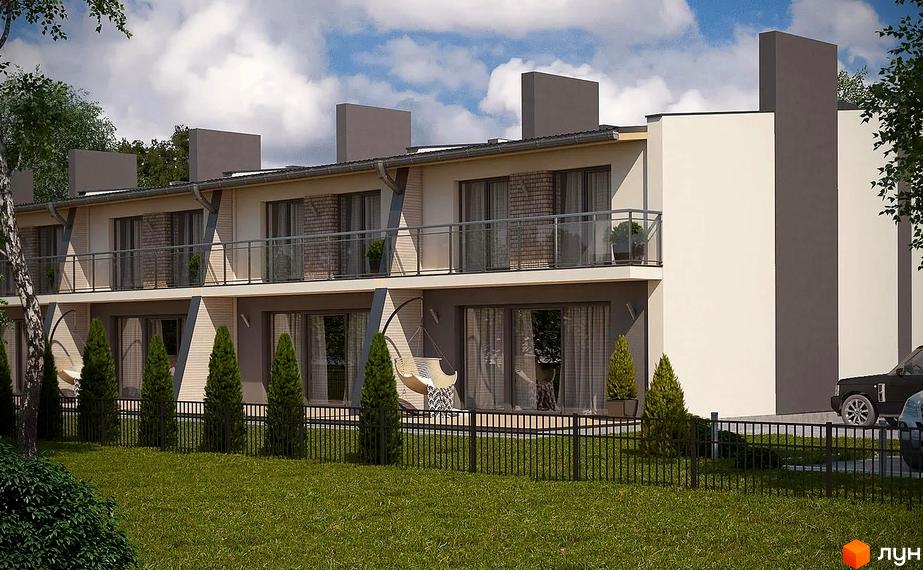 Таунхауси Amber з бежевим фасадом та темними акцентами, балконами та патіо. Перед будинками зелений газон, чорний паркан та хвойні дерева.