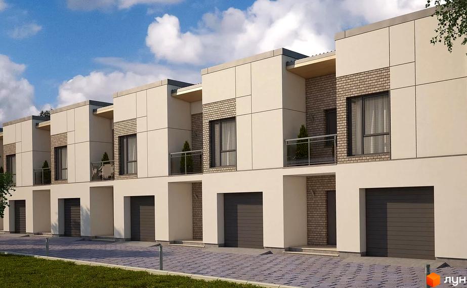 Фасад Таунхаусів „Amber“: бежеві стіни, цегляні елементи, балкони зі скляними поручнями. На передньому плані доріжка з бруківки та газон.