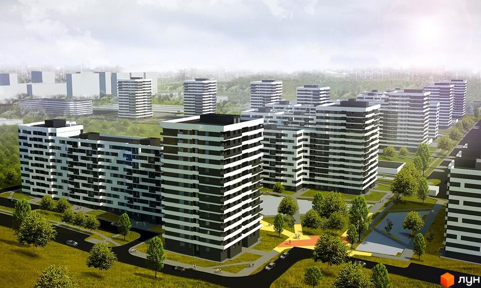 Житловий комплекс Пролісок: висотні будинки з контрастними чорно-білими фасадами та облаштована прибудинкова територія з зеленими насадженнями та пішохідними доріжками.