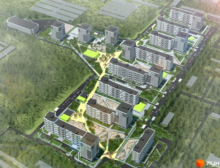 Вигляд зверху на Житловий комплекс Пролісок: багатоквартирні будинки, прибудинкова територія з деревами, дорогами та дитячими майданчиками.