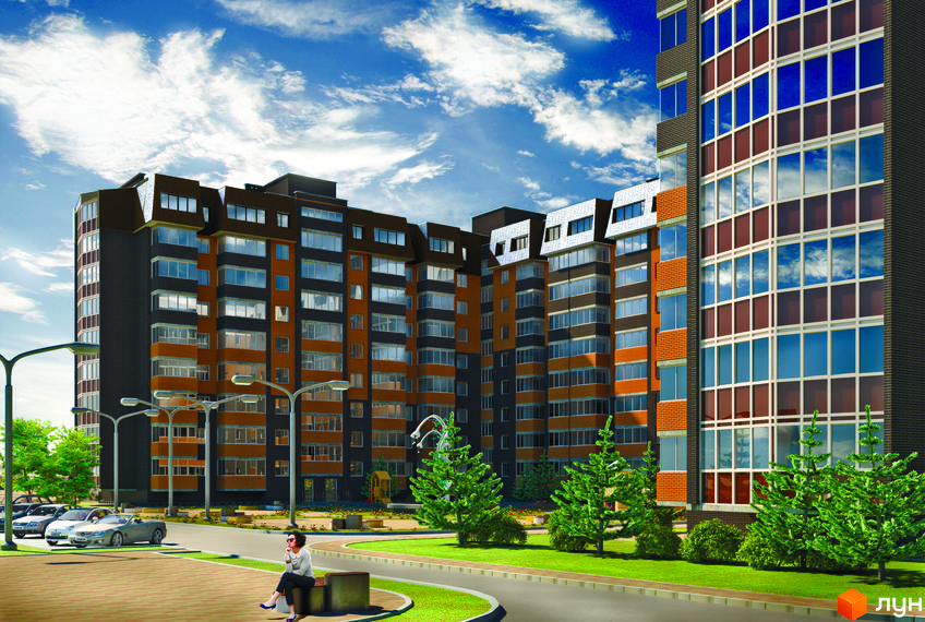 Зовнішній вигляд новобудови ЖК Затишок з цегляним фасадом та великими вікнами. Прибудинкова територія з зеленими насадженнями та місцями для паркування.