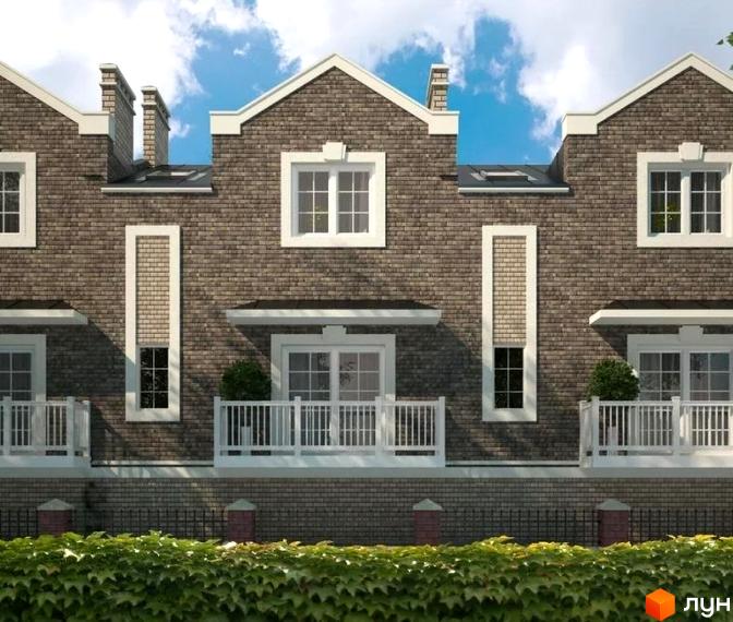 Фасад таунхаусів Amber Town з темно-сірої цегли, білими вікнами та балконами. Перед будинком зелений живопліт.