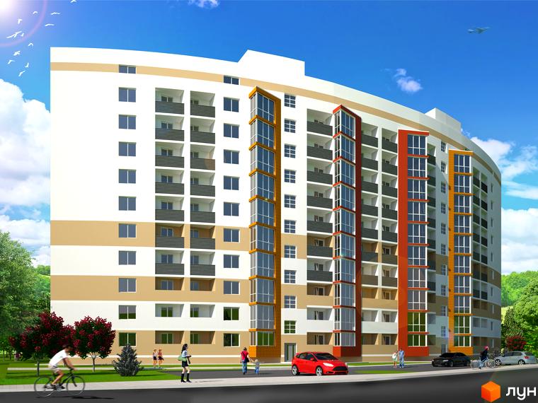 Новобудова ЖК Моне – це вигнутий будинок з білими та бежевими фасадами, червоними та жовтими акцентами на балконах. Навколо будинку зелена зона з деревами, алеєю для прогулянок та людьми.