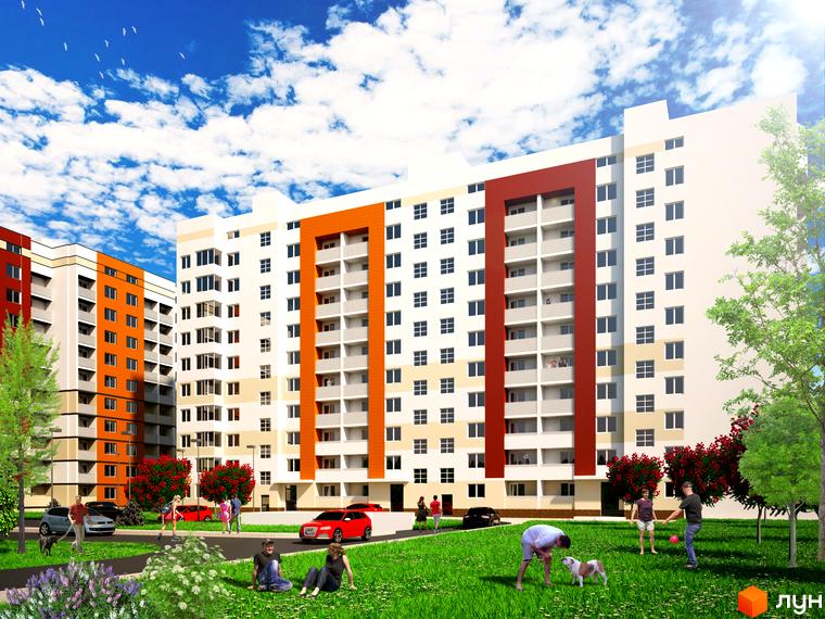 Житловий комплекс Моне. Багатоповерхові будинки з балконами та різнокольоровими фасадами. На прибудинковій території зелений газон, дерева та люди.