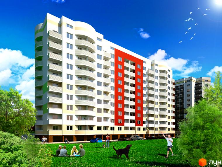 Житловий комплекс Моне. Багатоповерховий будинок з балконами та червоною вставкою. Прибудинкова територія з зеленим газоном, деревами та людьми.