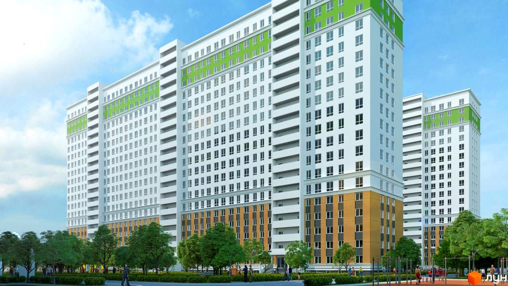 Новобудова ЖК Лузанівський Парк з білими фасадами та зеленими вставками. На прибудинковій території розташовані дерева та спортивні майданчики.