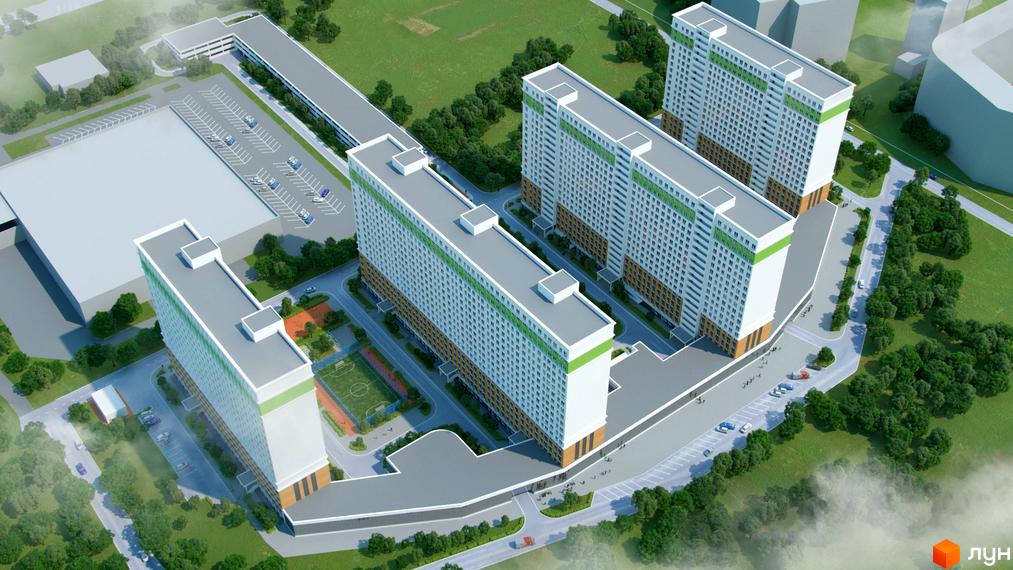 Житловий комплекс Лузанівський Парк. Зовнішній вигляд багатоповерхових будинків з зеленими елементами та прибудинкова територія з паркінгом та спортивним майданчиком.