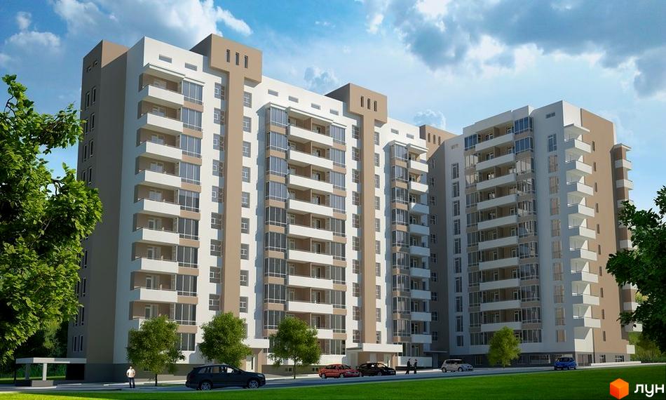 Зовнішній вигляд багатоповерхового житлового комплексу з біло-бежевим фасадом та балконами. Перед будинком розташована зелена зона з деревами та автомобілями.