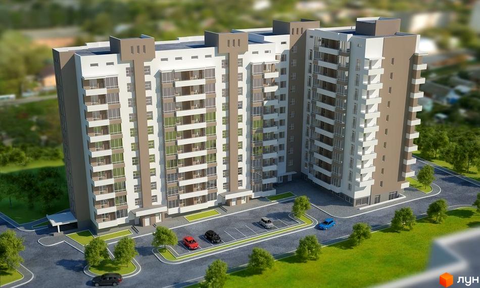 Зовнішній вигляд новобудови на вулиці Орна. Навколо будинку облаштована прибудинкова територія з парковкою та зеленими насадженнями.