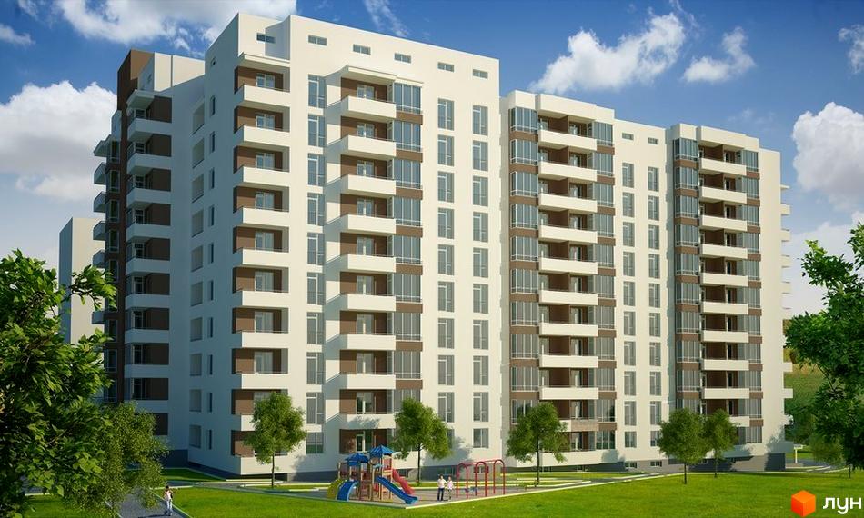 Зовнішній вигляд новобудови на вул. Орна. Прибудинкова територія з дитячим майданчиком та зеленими насадженнями.