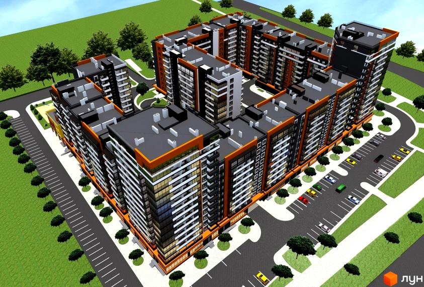 Фото житлового комплексу Леви Міста з висоти пташиного польоту. Будинки мають багатоповерхову забудову з комбінованим фасадом: білі та чорні панелі, оранжеві акценти. Навколо комплексу розташовані зелені насадження та паркувальні місця.