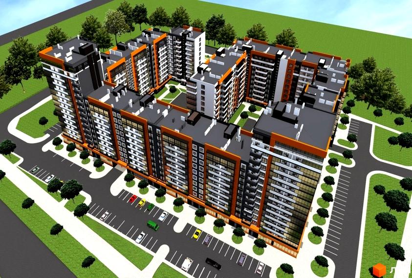 Зовнішній вигляд житлового комплексу Леви Міста з багатоповерховими будинками та оранжевими елементами. Навколо комплексу розташовані паркувальні місця та зелені насадження.