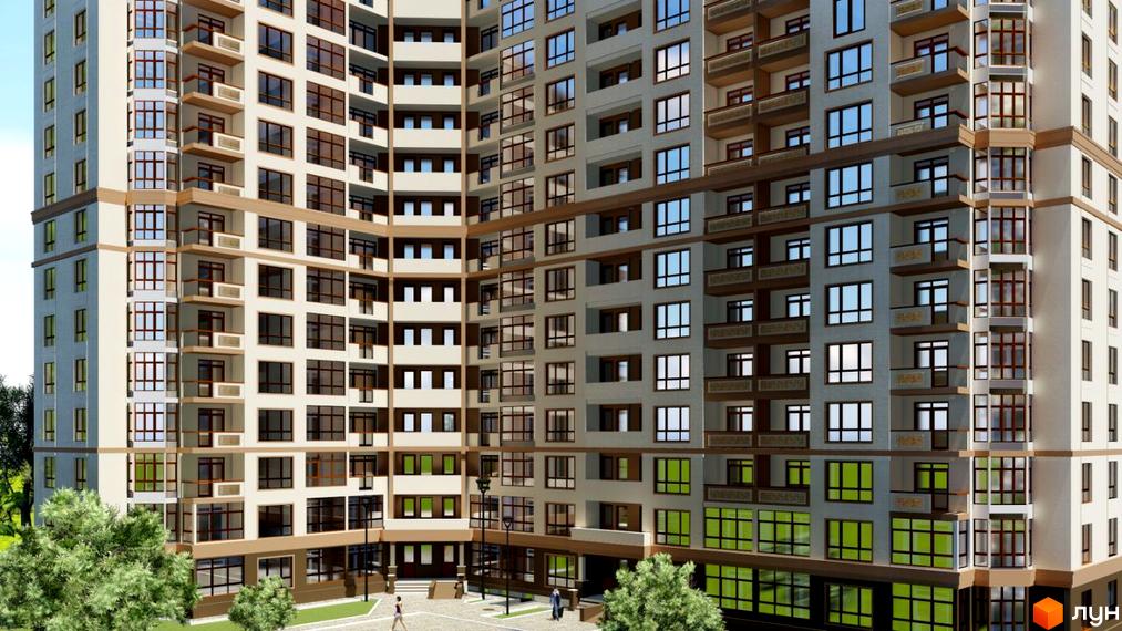 Фасад Житлового комплексу Гетьманський Бровари бежевого кольору з коричневими вікнами та балконами. На прибудинковій території зелені дерева та пішохідні доріжки.