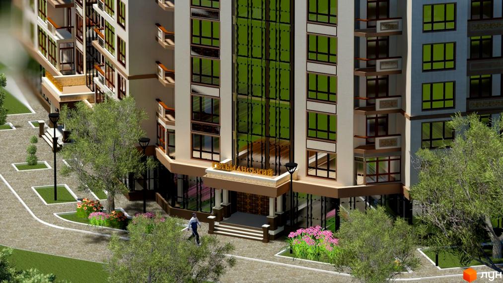 Новобудова Гетьманський Бровари: багатоповерховий будинок зі світлим фасадом та великими вікнами. Прибудинкова територія з вимощеними доріжками, деревами та квітами.