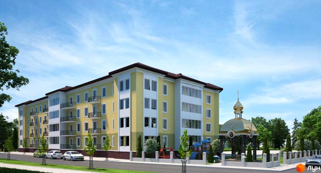 Житловий комплекс Sai House з жовтими фасадами та балконами, розташований біля дороги з автомобілями та зеленими насадженнями. Поруч видно дитячий майданчик та золотий купол.