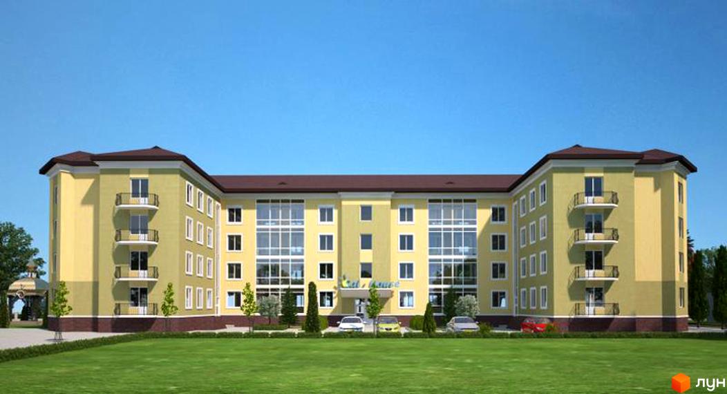 Фасад житлового комплексу Sai House світло-жовтого кольору з коричневим дахом, балконами та великими вікнами. Перед будинком розташований зелений газон.