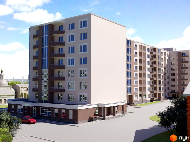 Багатоповерхові будинки Житлового комплексу Липинський світлого кольору з коричневими балконами. На першому поверсі маркет, поруч дорога.