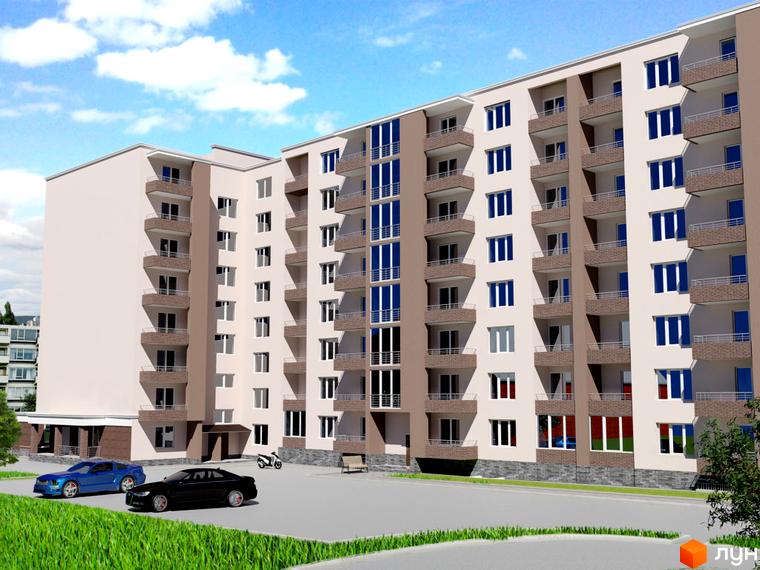 Багатоповерховий будинок ЖБ Липинський зі світлими фасадами, коричневими акцентами та балконами. Перед будинком розташована парковка з автомобілями та зелені насадження.