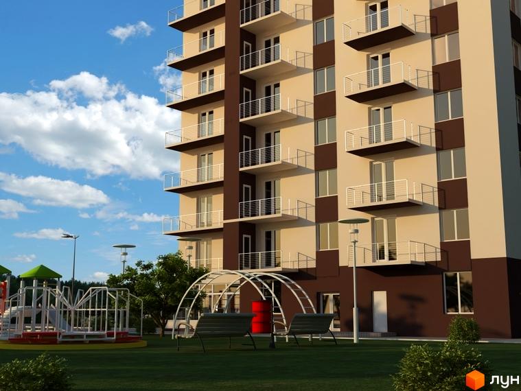 Новобудова на вул. Джорджа Вашингтона, 6а, з балконами та вікнами. Прибудинкова територія з дитячим майданчиком та лавками.