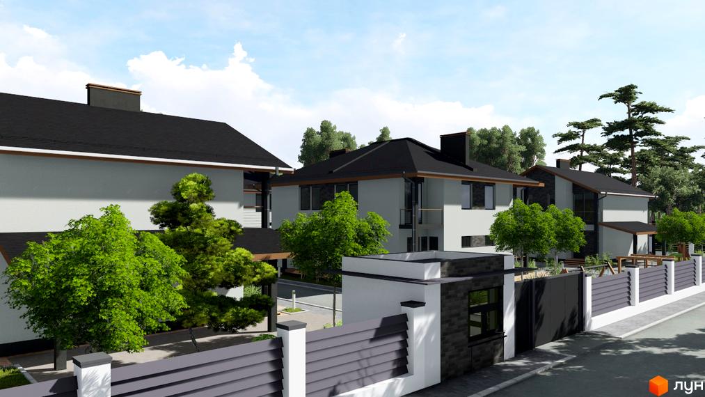 Двоповерхові будинки Котеджного містечка Greenside зі світлими фасадами, темними дахами та великими вікнами. На території багато зелених насаджень та огородження.