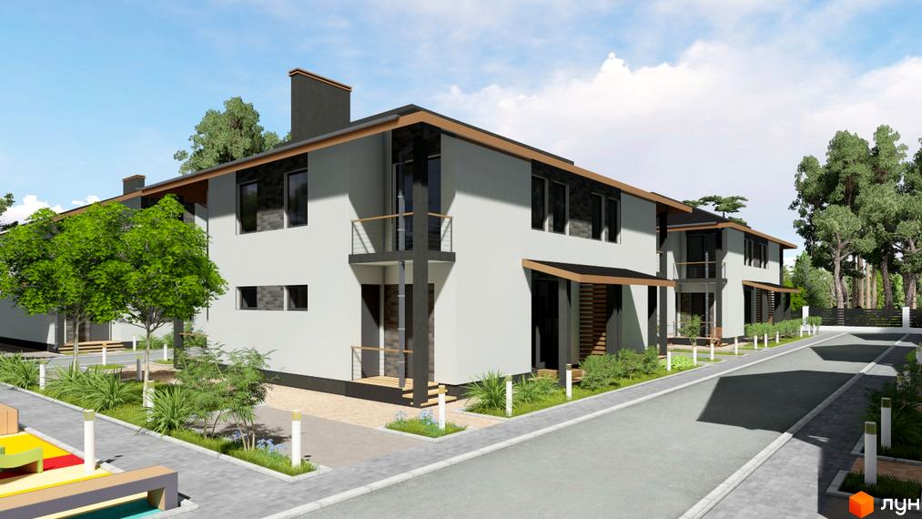 Котеджне містечко Greenside: двоповерхові будинки світлих відтінків з темними елементами. Облаштована прибудинкова територія з озелененням та доріжками.