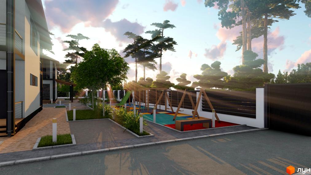 Котеджне містечко Greenside: світлі будинки з балконами та темними елементами, облаштована прибудинкова територія з дитячим майданчиком.
