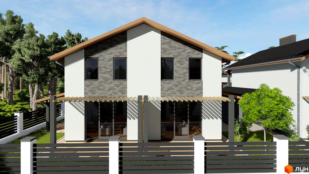 Зблокований двоповерховий будинок Котеджного містечка Greenside з білим фасадом, сірою цеглою та перголою. Навколо будинку багато дерев та огорожа.