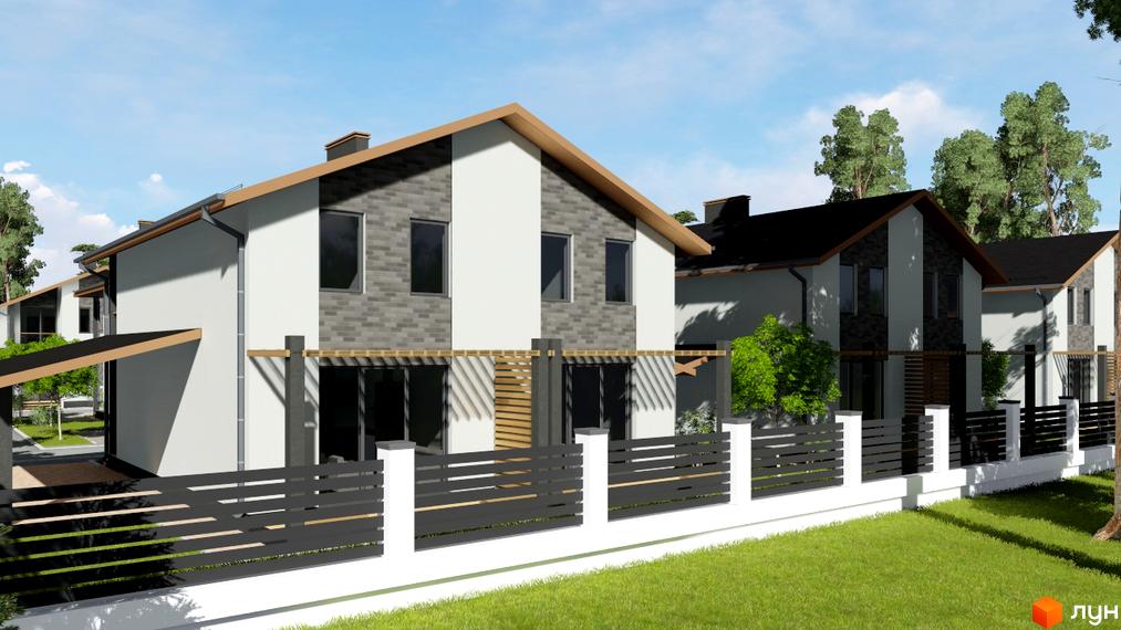 Котеджне містечко Greenside. Будинки з білими стінами, темно-сірою цегляною обробкою та великими вікнами. На передньому плані темний паркан та зелений газон.