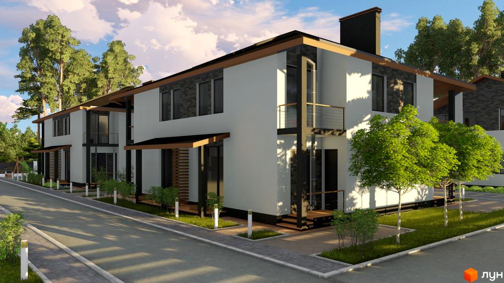 Котеджне містечко Greenside: двоповерхові будинки з білими фасадами, темними вікнами та дерев'яними елементами. Перед будинками дорога, тротуар та зелені насадження з деревами.