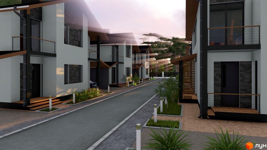 Котеджне містечко Greenside: двоповерхові будинки зі світлими фасадами, темними акцентами та дерев'яними елементами. Вулиця з бруківкою та зеленими насадженнями.